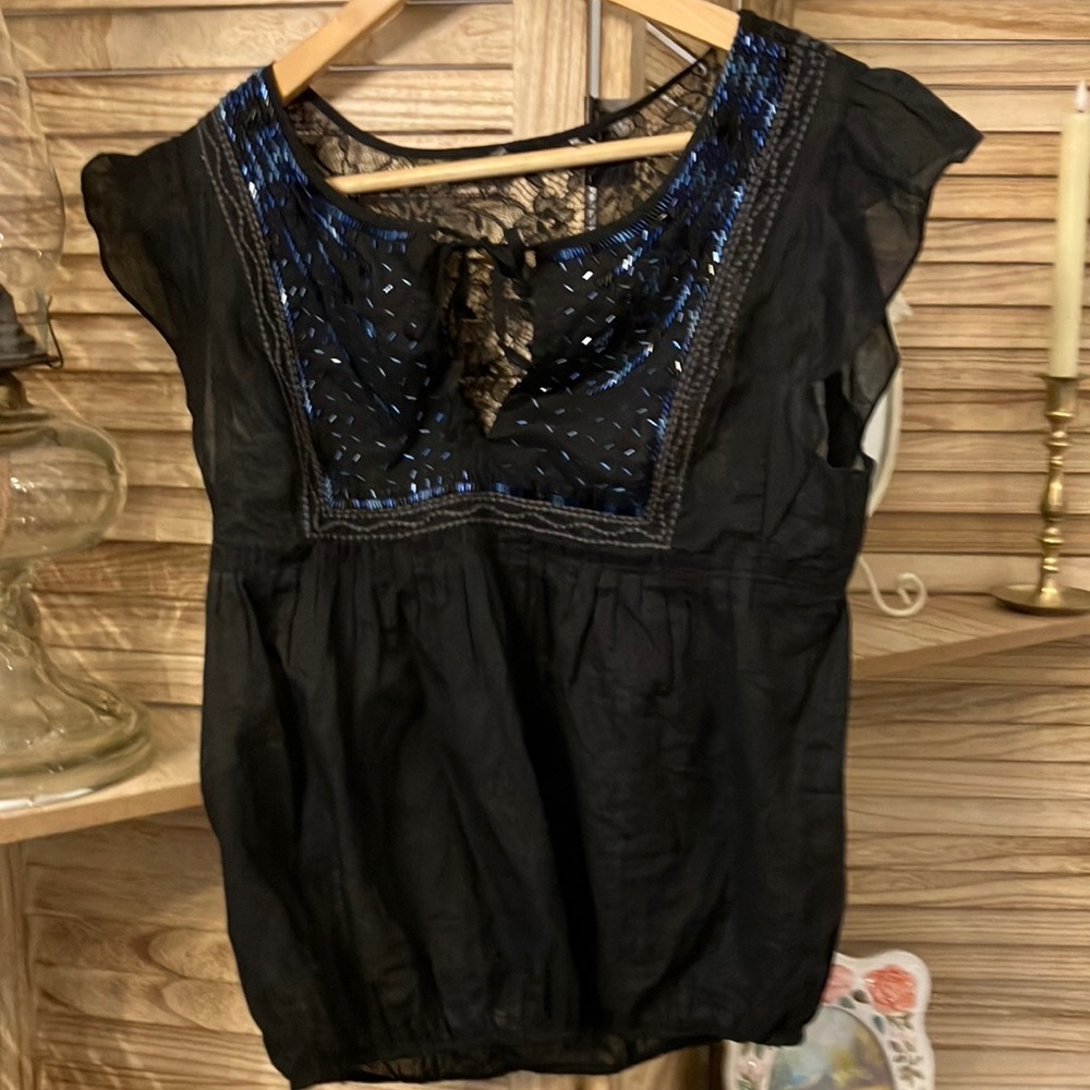 Black and Blue Sequin Lace Embellished Cotton Blouse with Flutter  Sleeves xs